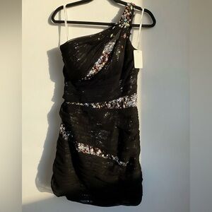 Tony Bowls Black One-Shoulder Embellished Dress with Multi-Colored Gems